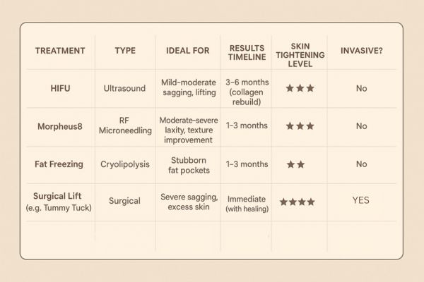 Table showing the comparisons of Skin tightening Winchmore Hill treatment options.